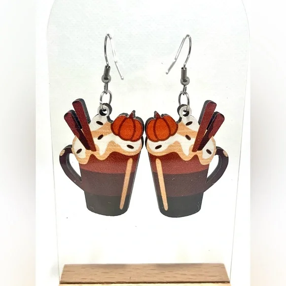 NWT Pumpkin Spice Latte Drop Dangle Earrings Lightweight Wood Fall Autumn - Picture 5 of 11